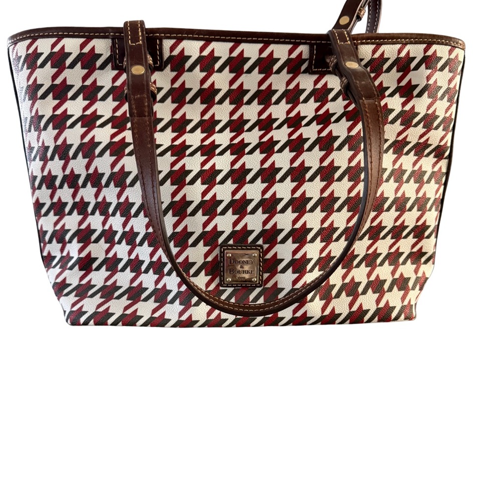 Dooney & Bourke Brown, Red, and White Houndstooth Tote